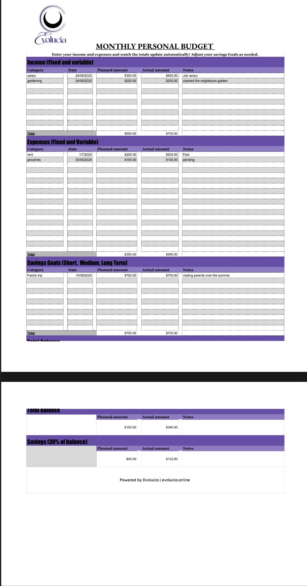 Financial budgeting sheets