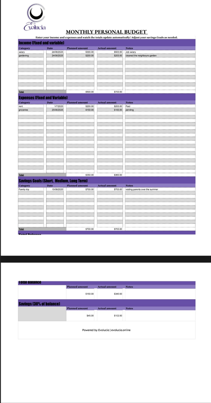 Financial budgeting sheets